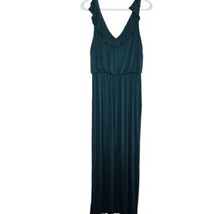 LOFT Sleeveless Hunter Green Ruffled V-Neck Maxi Dress with Tassles